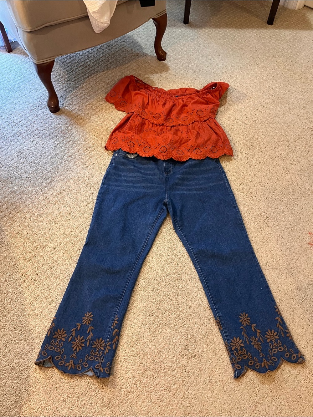 Old Navy off the shoulder topWide Leg Jeans with Brown Embroidered Scalloped Hem